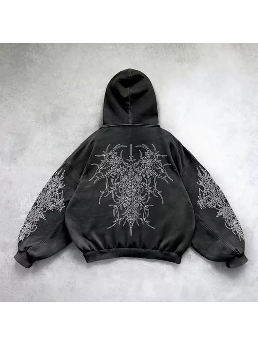 Distressed Anime Goth Pullover Hoodie with Shadow Graphic Streetwear Style