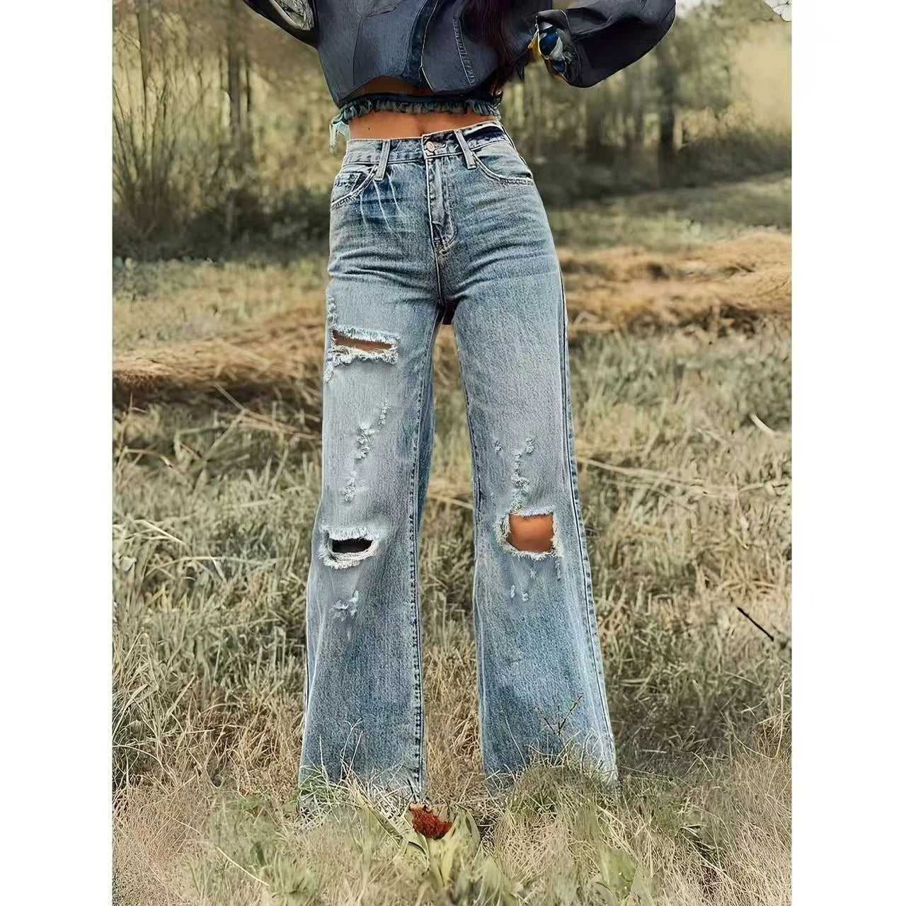 Distressed Wide Leg Denim Jeans with High Rise Relaxed Fit Vintage Streetwear Style