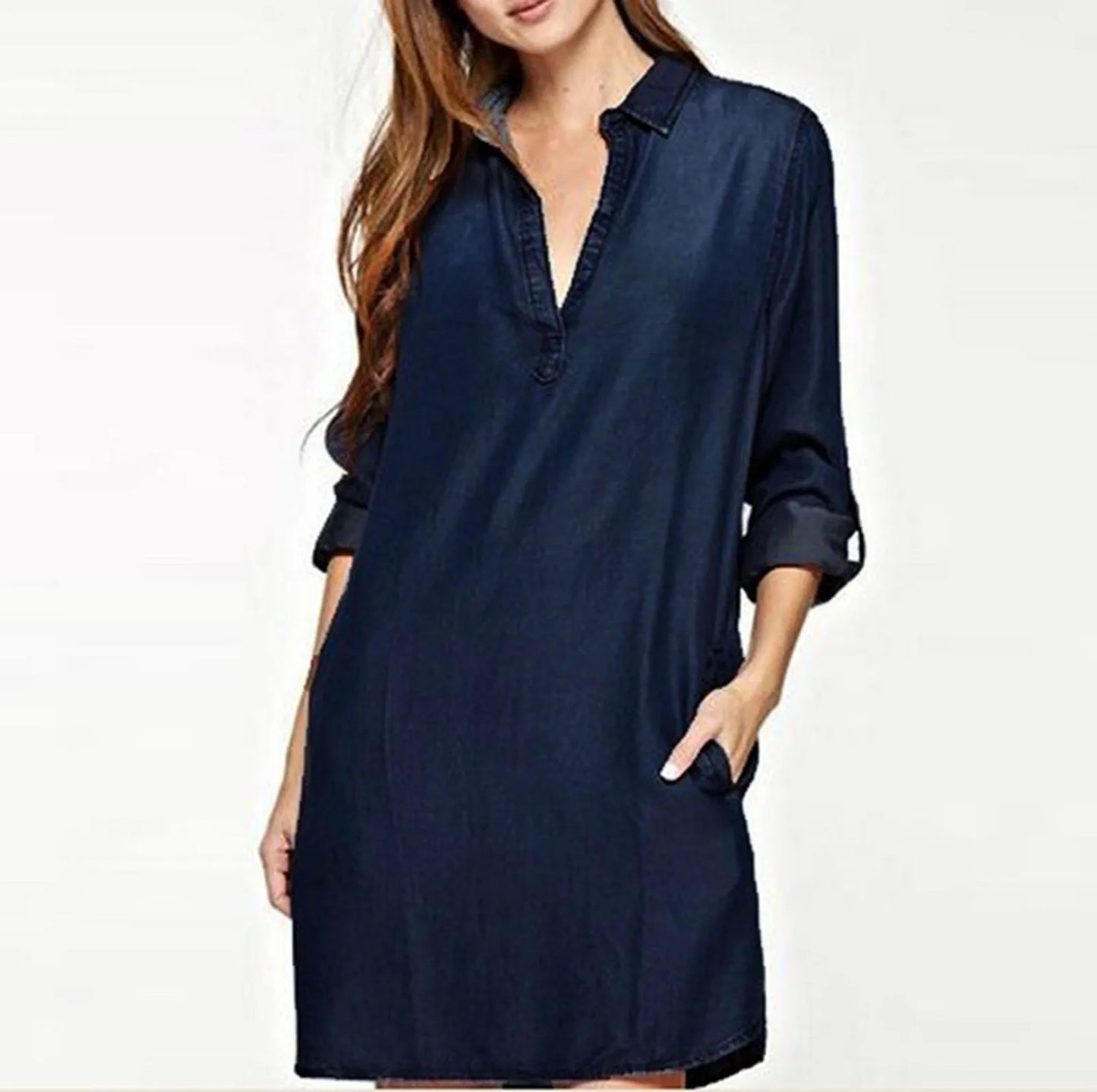 Relaxed Denim Inspired Shirt Mini Dress with V Neck and Long Sleeves