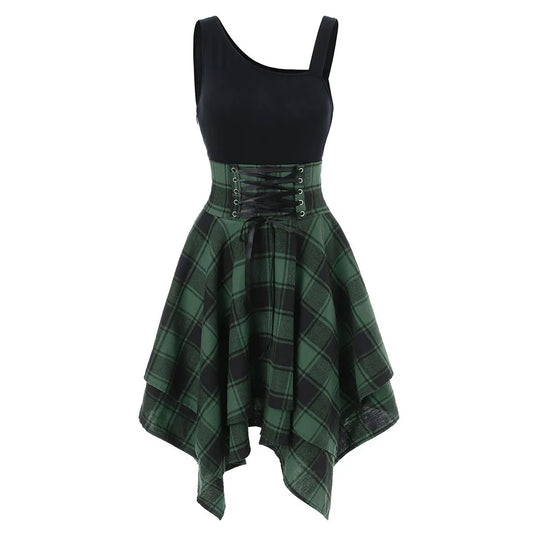 Plaid Handkerchief Hem Mini Dress with Sleeveless Bodice and Retro Styling