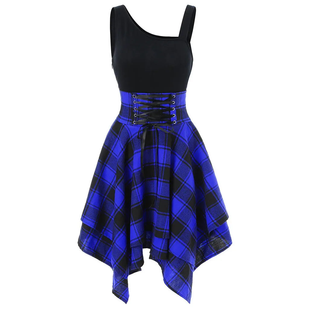 Plaid Handkerchief Hem Mini Dress with Sleeveless Bodice and Retro Styling