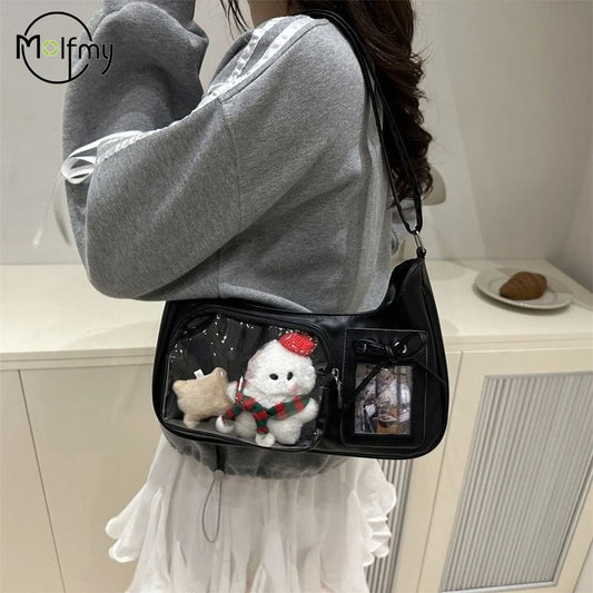 Structured Display Window Shoulder Bag with Zip Closure Design