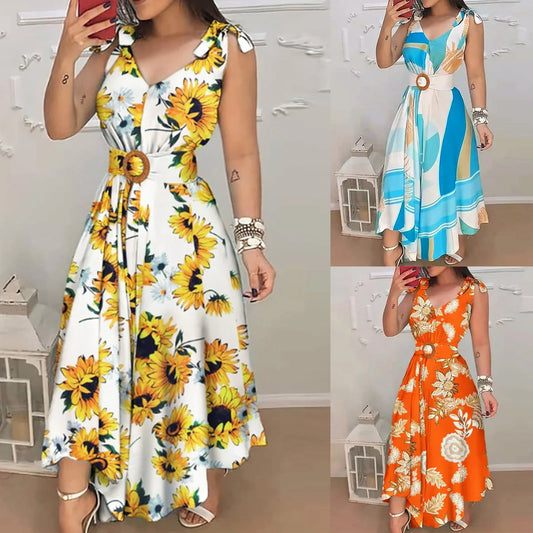 Floral Print Maxi Dress with Belt and Ruffled Swing Silhouette