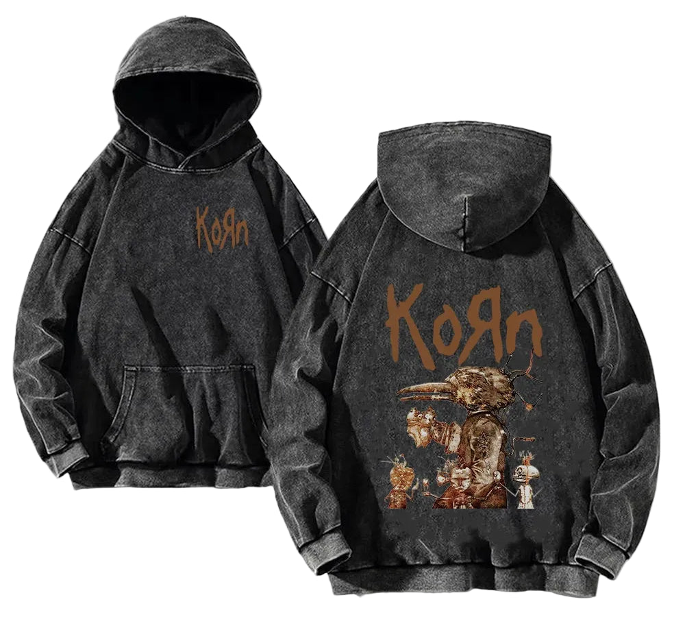 Vintage Washed Anime Streetwear Hoodie With Gothic Graphic Design