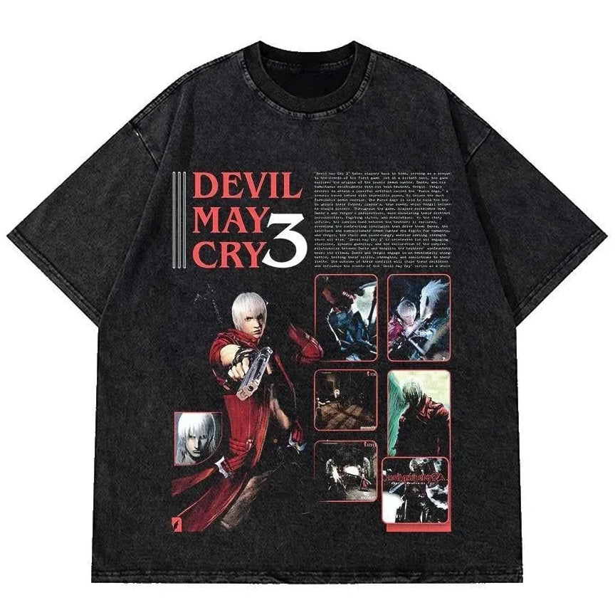 Retro Action Anime Graphic Oversized Washed Cotton Streetwear Casual T-Shirt