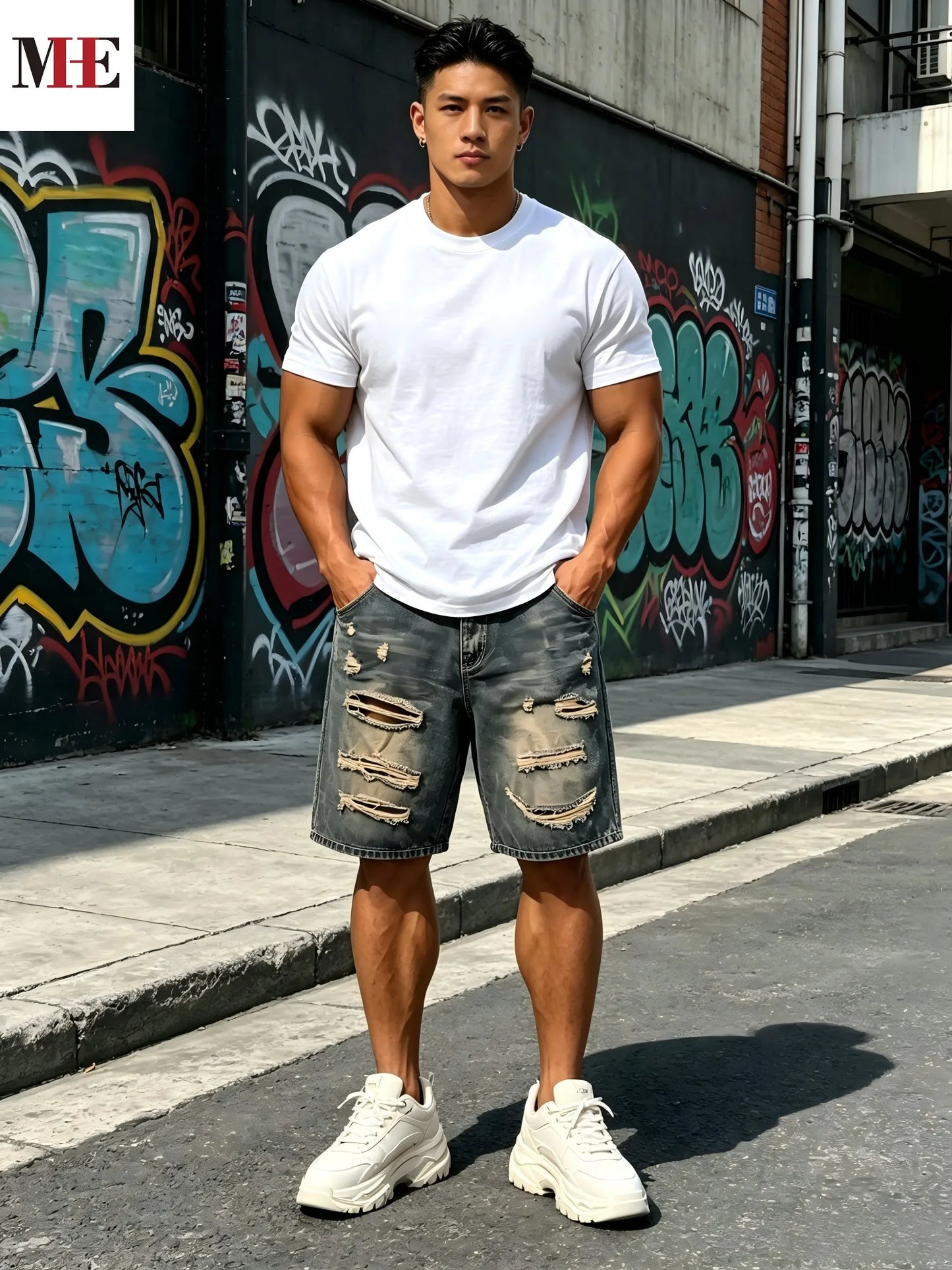 Men's Relaxed Knee Length Denim Shorts with Distressed Details and Utility Pocket Design