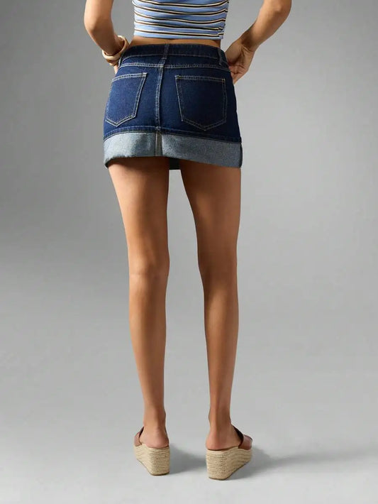 Low Rise Denim Mini Skirt with Folded Hem Pocket Detail Streetwear