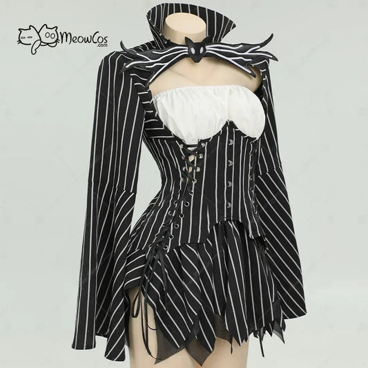 Women's Striped Corset Style Top and Layered Skirt Costume Set with Gloves