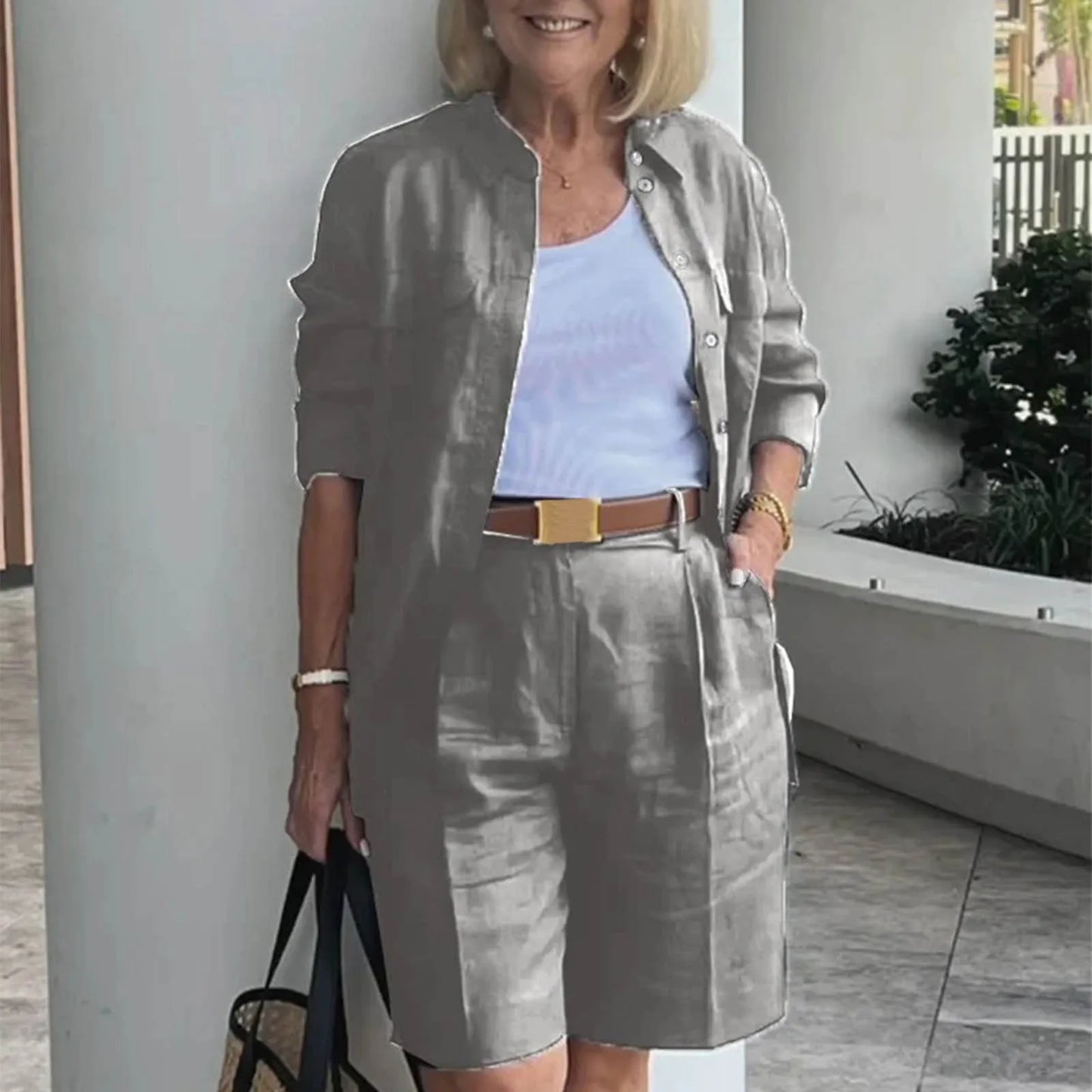Women's Zip Front Cardigan and Shorts Co-Ord Set Relaxed Summer Outfit