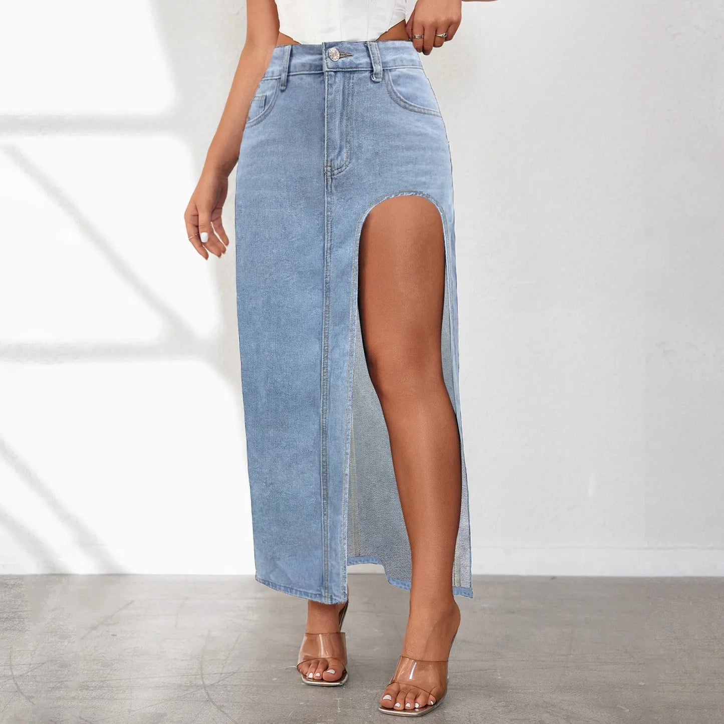 High Waist Denim Maxi Skirt with Front High Slit Contemporary Casual Everyday Style