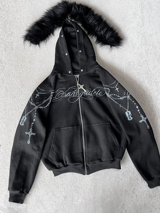 Cropped Anime Goth Zip Hoodie With Distressed Streetwear Aesthetic
