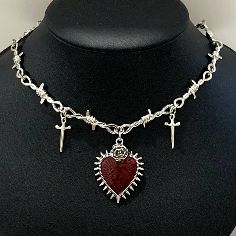 Vintage Gothic Heart Sword Pendant Choker Necklace with Alternative Charm Details