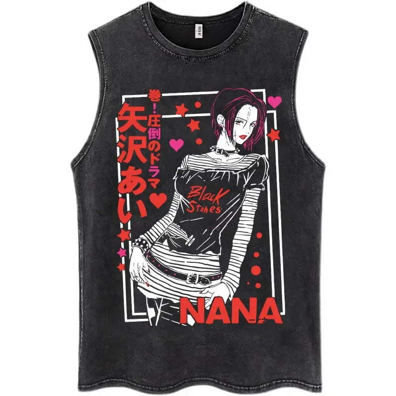 Japanese Streetwear Graphic Sleeveless Tank Top with Bold Manga-Inspired Illustration Artwork