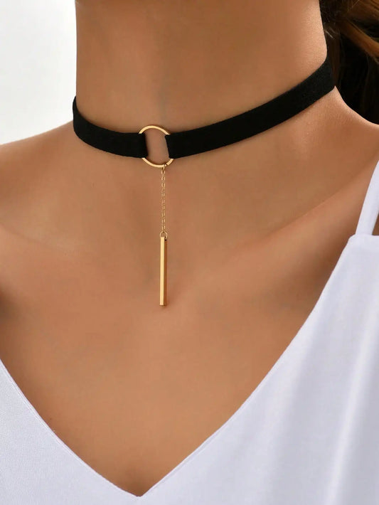 Minimalist Gothic Velvet Choker Necklace With Pendant Detail and Alternative Fashion Styling
