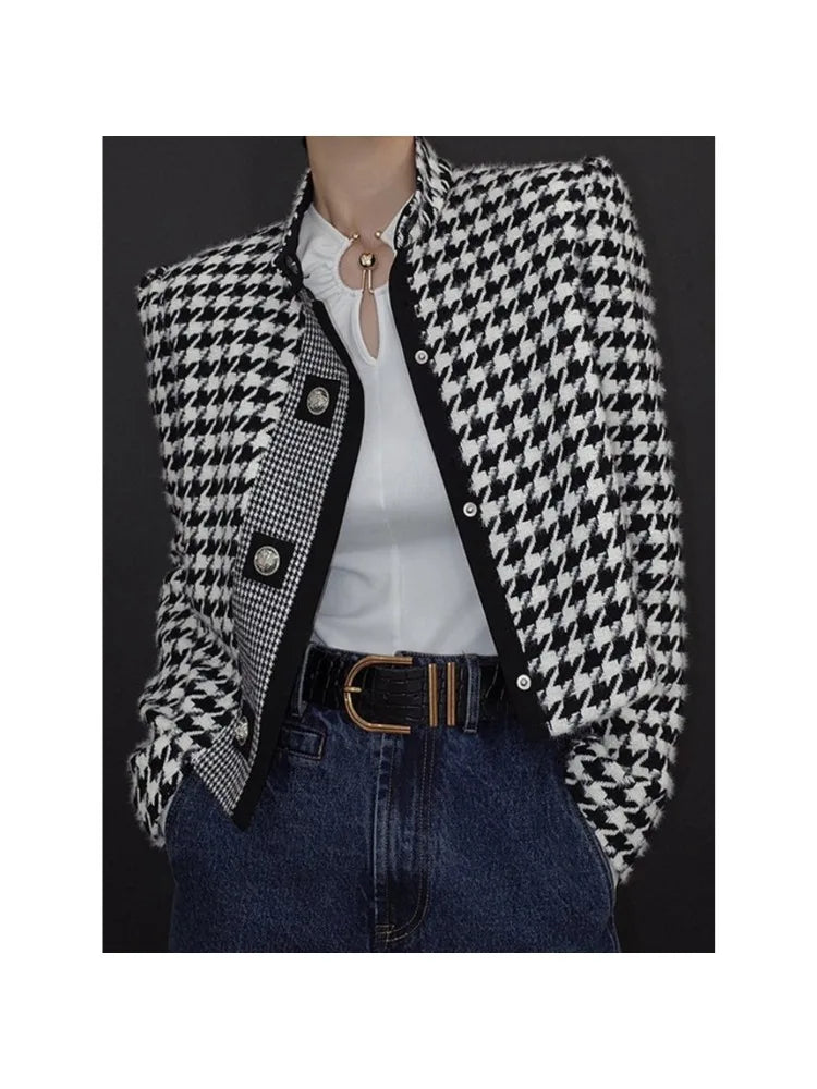 Retro Houndstooth Stand Collar Jacket with Tailored Vintage Inspired Silhouette