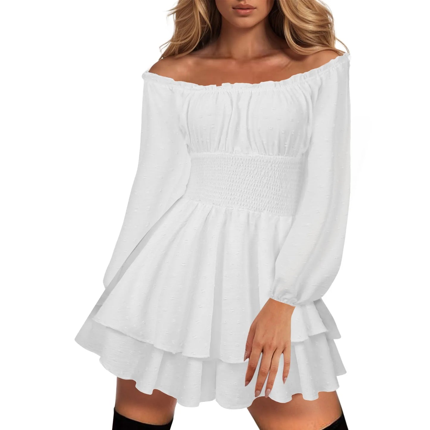 Off Shoulder Layered Ruffle Mini Dress with Flowing A-Line Silhouette