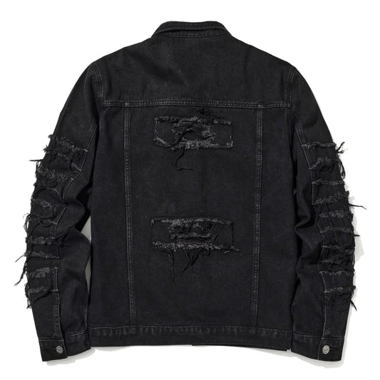 Men's Distressed Denim Jacket with Layered Patchwork Streetwear Design