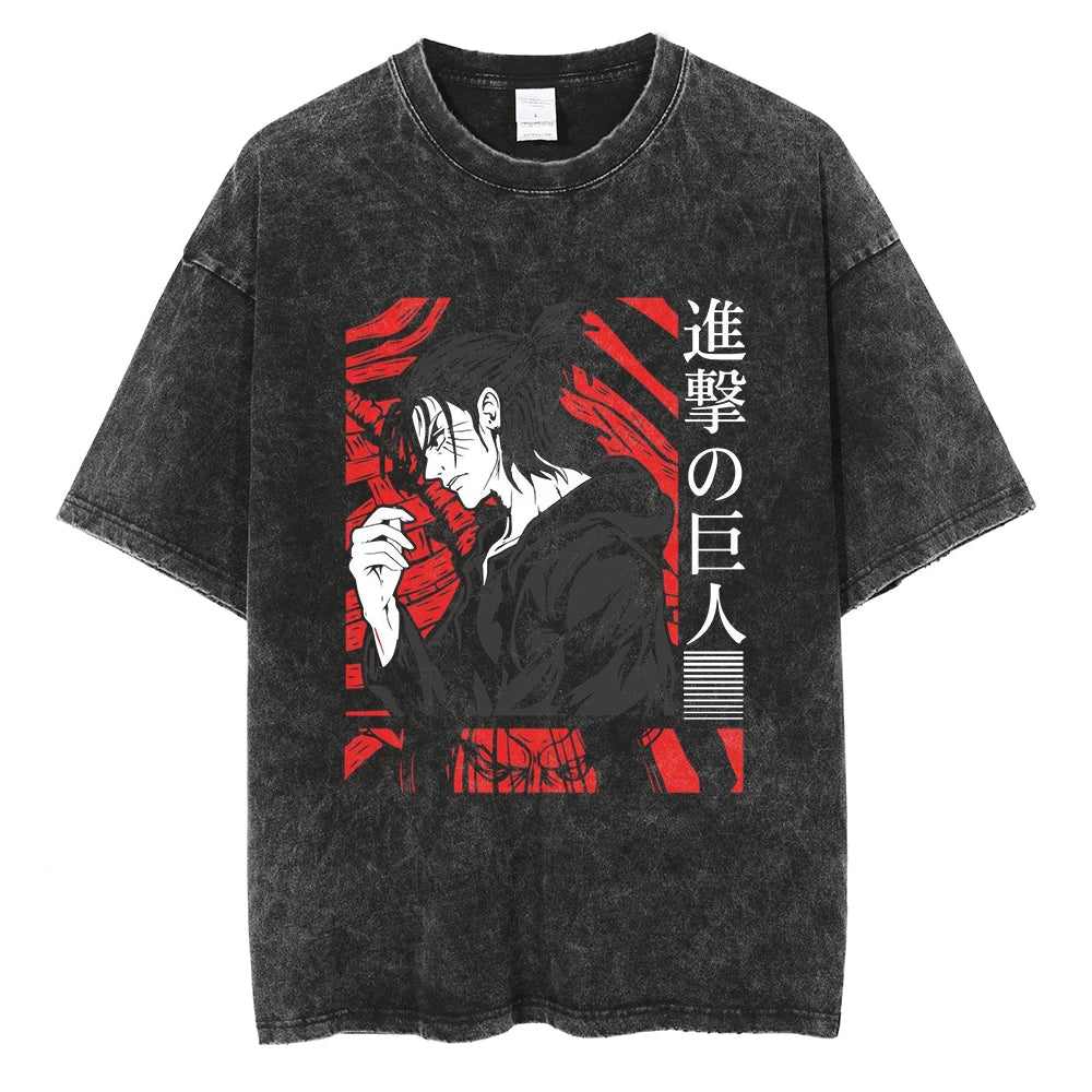 Anime Goth Titan-Inspired Oversized Washed Cotton Streetwear T-Shirt