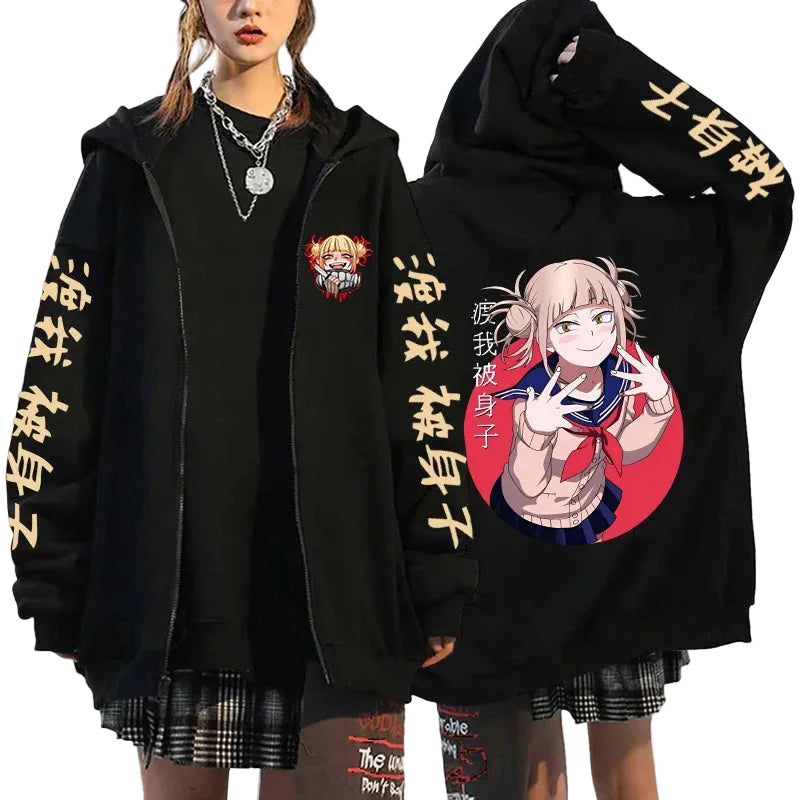 Anime Manga Graphic Zip Hoodie With Oversized Streetwear Character Artwork
