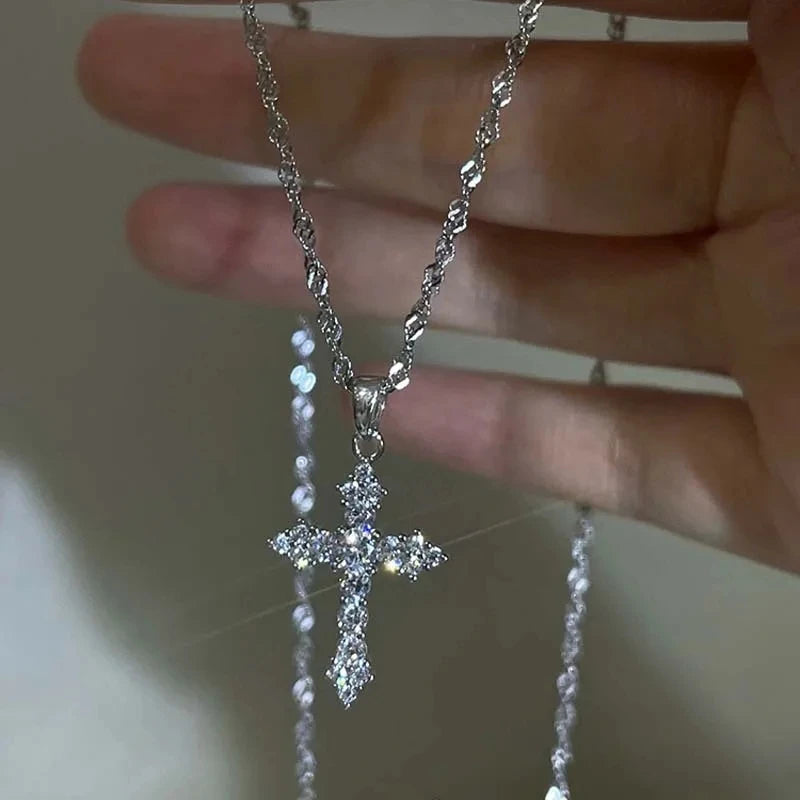 Crystal Cross Pendant Necklace for Gothic Dark Feminine and Y2K Styling