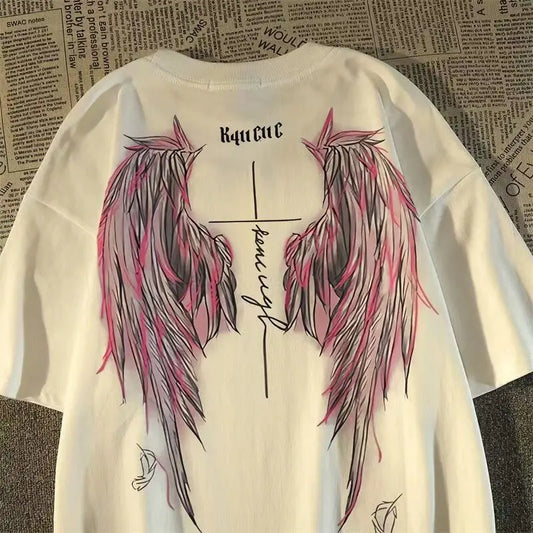 Oversized Wing Graphic Cotton T-Shirt with Vintage High Street Streetwear Design