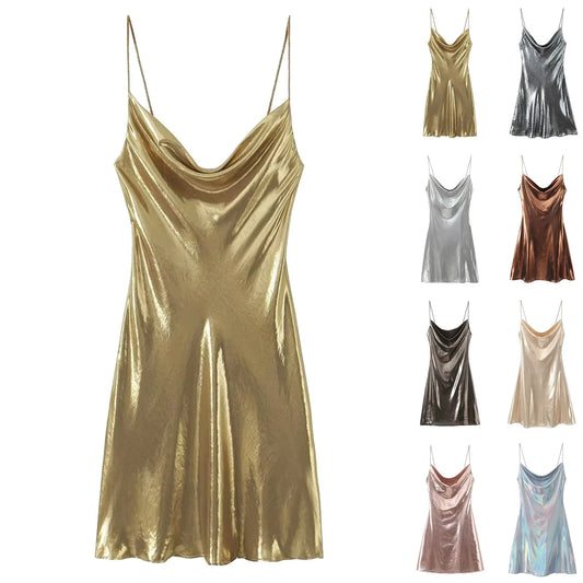 Metallic Finish Spaghetti Strap Mini Dress with Draped Cowl Neckline