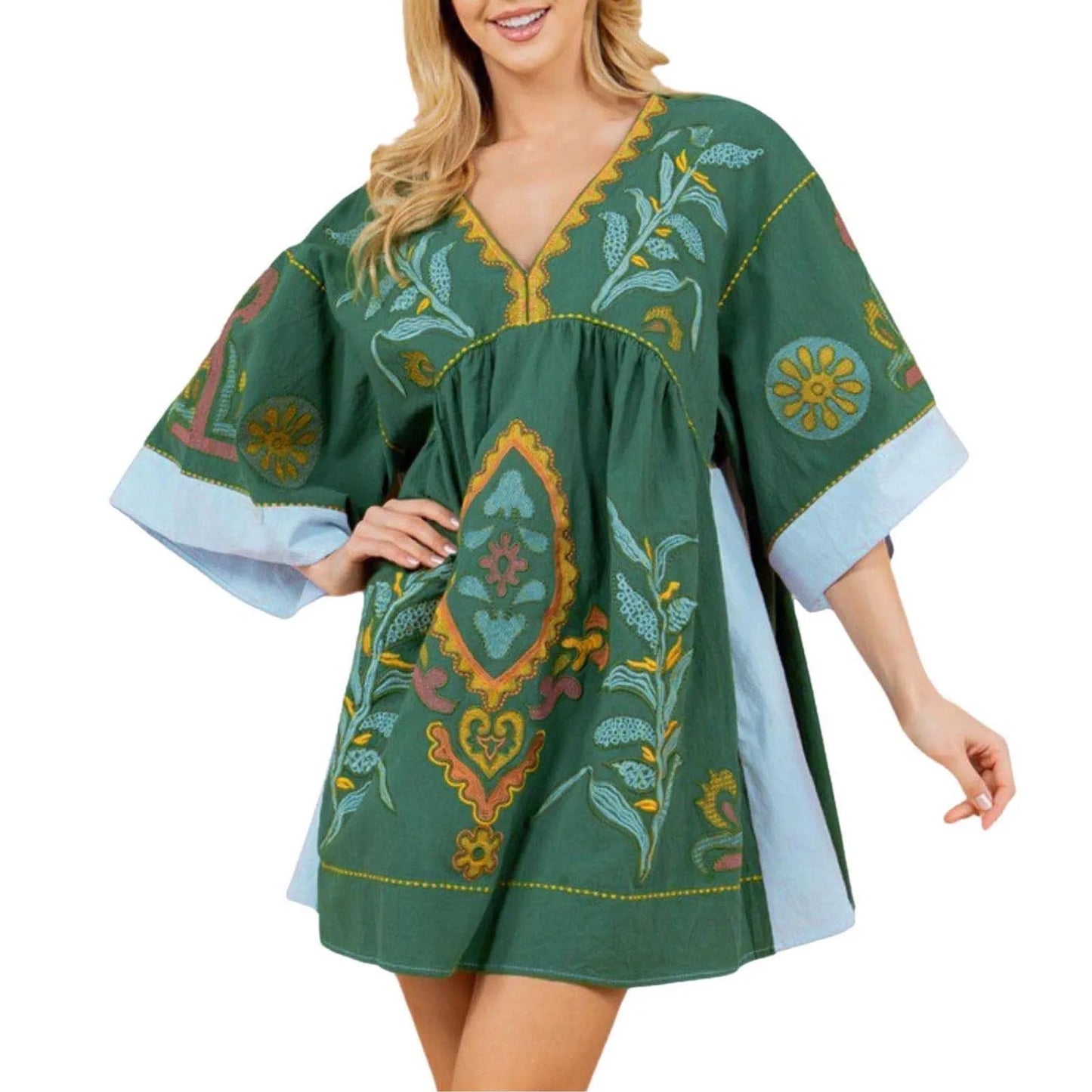 Embroidered Inspired Mini Dress with Relaxed Fit and V Neckline