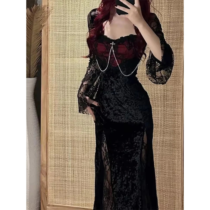 Elegant Gothic Lace Maxi Dress with Dark Alternative Evening Aesthetic