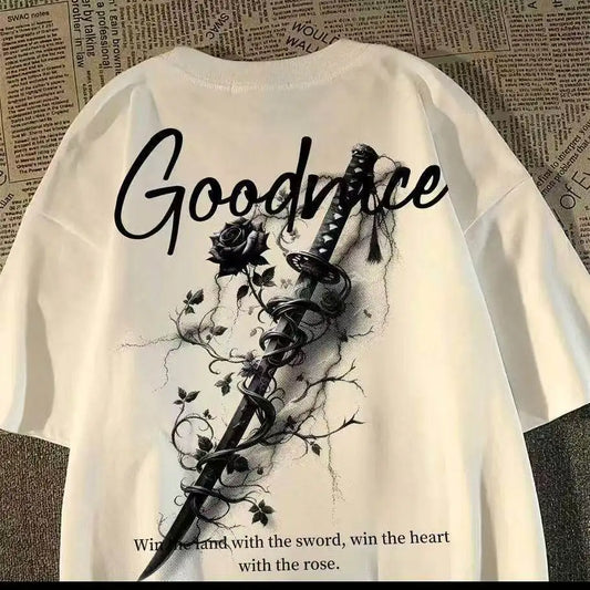 Oversized Floral Sword Graphic Cotton T-Shirt with High Street Fashion Styling