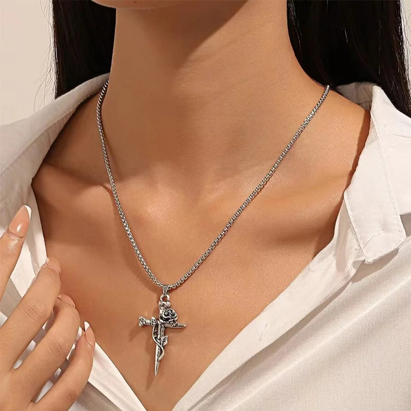 Vintage Rose Cross Pendant Necklace for Gothic Punk and Alternative Fashion