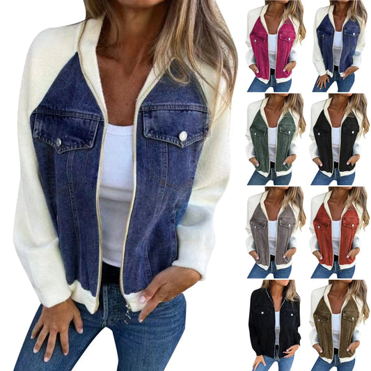 Women's Patchwork Denim Contrast Sleeve Button-Up Casual Streetwear Jacket