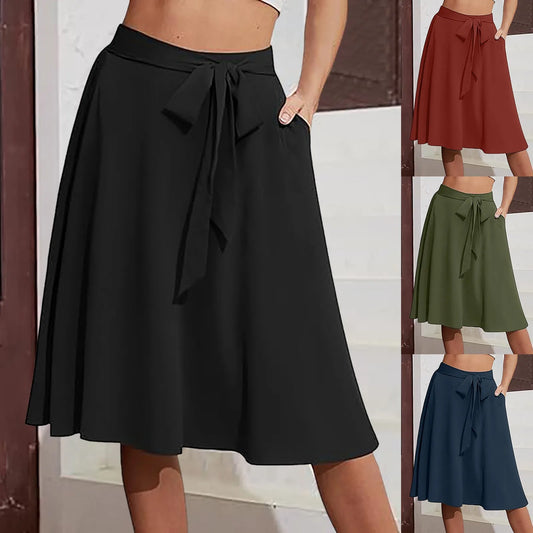 High Waist Lace-Up A-Line Midi Skirt with Pockets Casual Contemporary Everyday Style