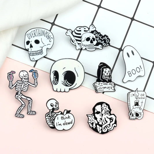 Ghostly Skull and Skeleton Enamel Pin Collection for Alternative Fashion