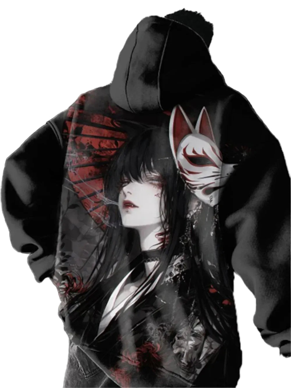 Dark Anime Oversized Hoodie with Fox Mask Manga Streetwear Artwork