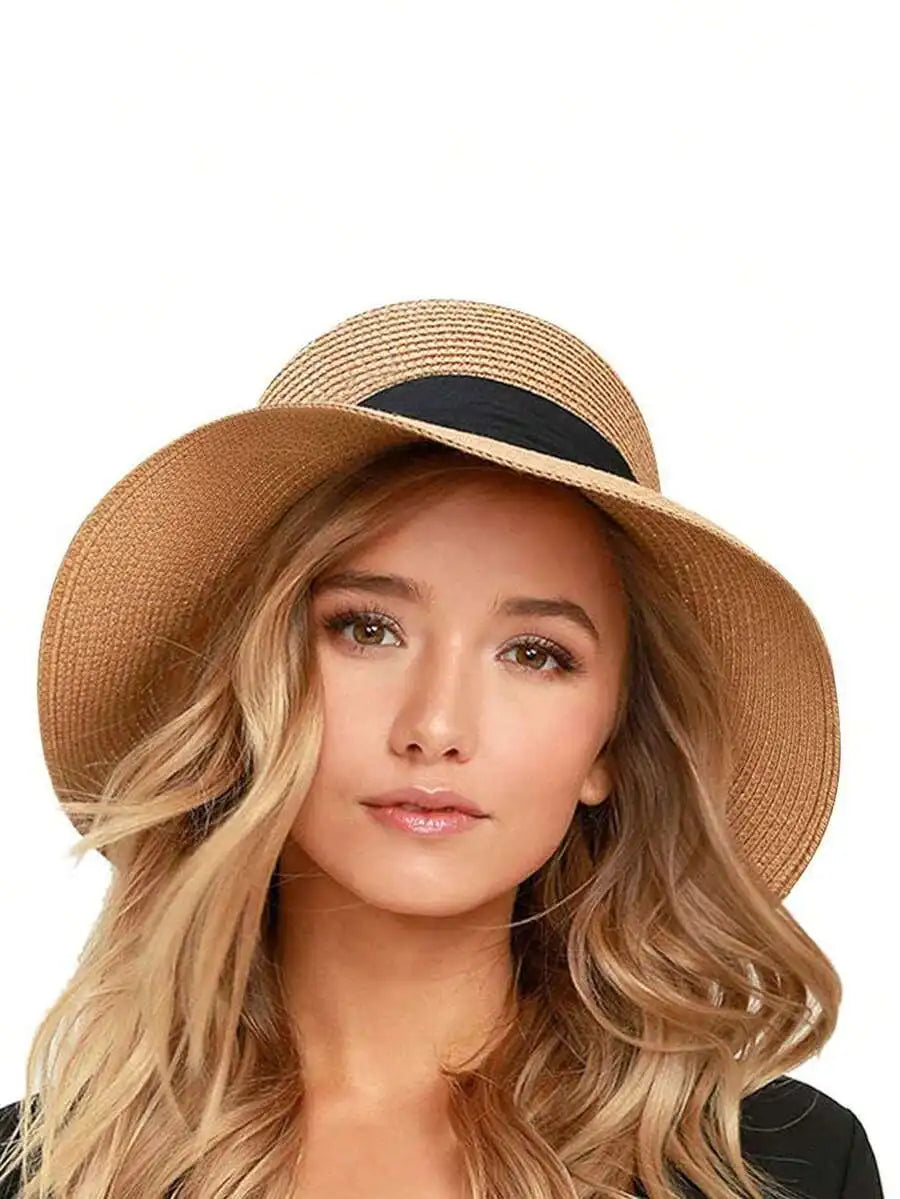 Foldable Wide Brim Straw Sun Hat with Decorative Bow for Beach and Vacation Wear