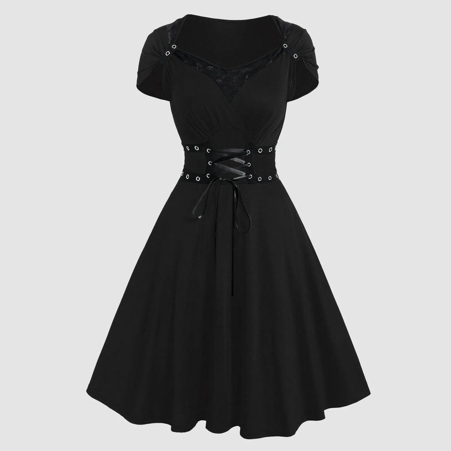 Alternative Gothic Fit and Flare Dress with Corset-Inspired Waist Detailing