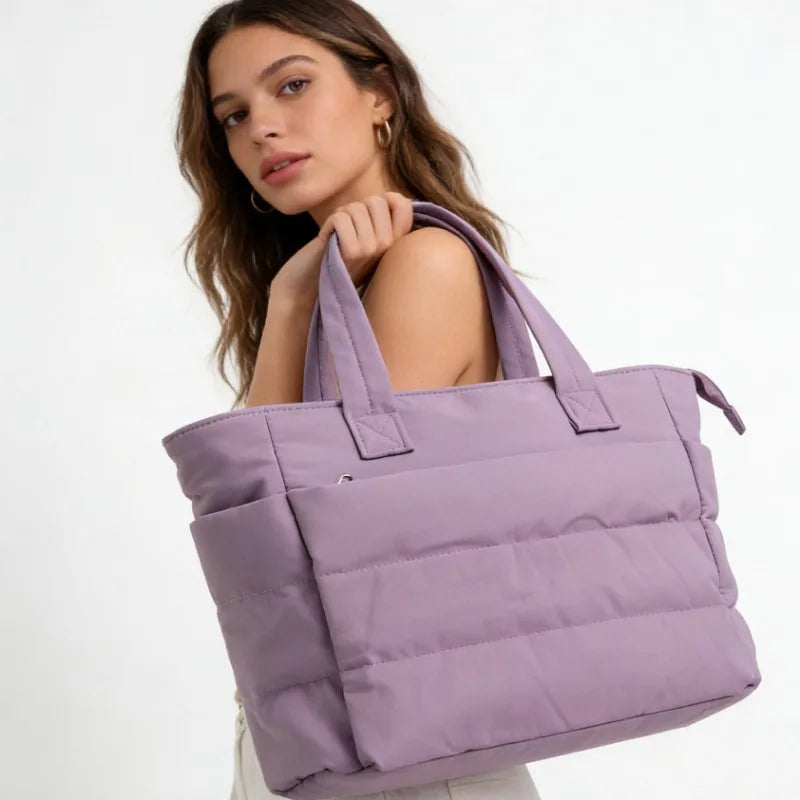 Quilted Cotton Laptop Tote Bag with Multiple Pockets Large Capacity Shoulder Carry