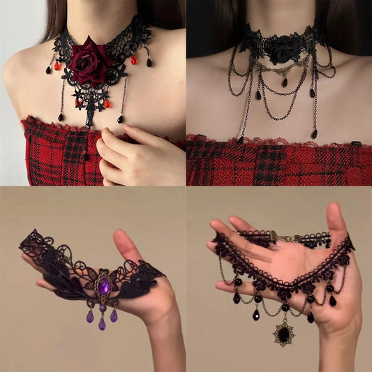 Victorian Lace Choker Necklace with Teardrop Charms for Gothic Dark Feminine Fashion Looks