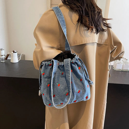 Denim Drawstring Hobo Tote Bag with Embroidered Detail Everyday Carry Design