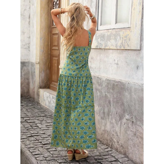 Sleeveless Floral Maxi Dress with Cinched Waist and Flowing A-Line Shape