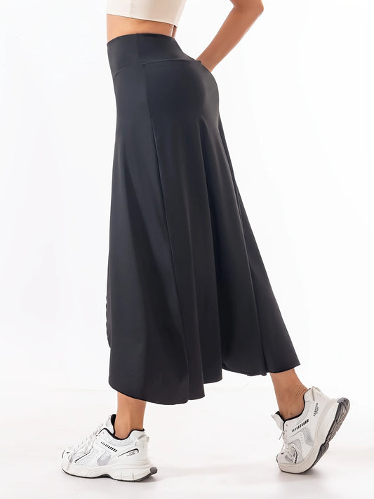 High Waist A-Line Midi Skirt with Front Slit Flowing Contemporary Casual Style