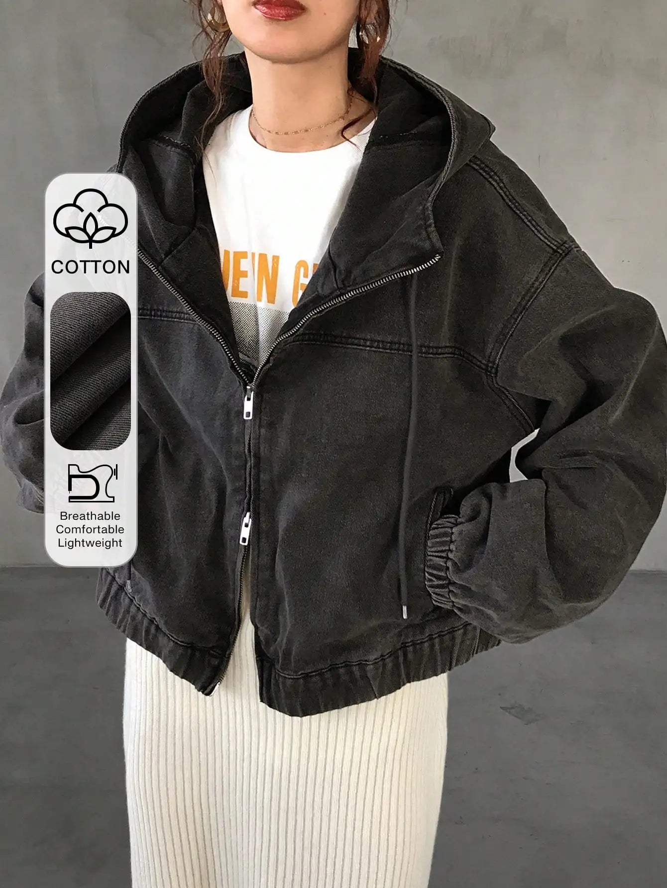 Women's Hooded Denim Zip-Up Jacket Relaxed Streetwear Drawstring Everyday Outerwear