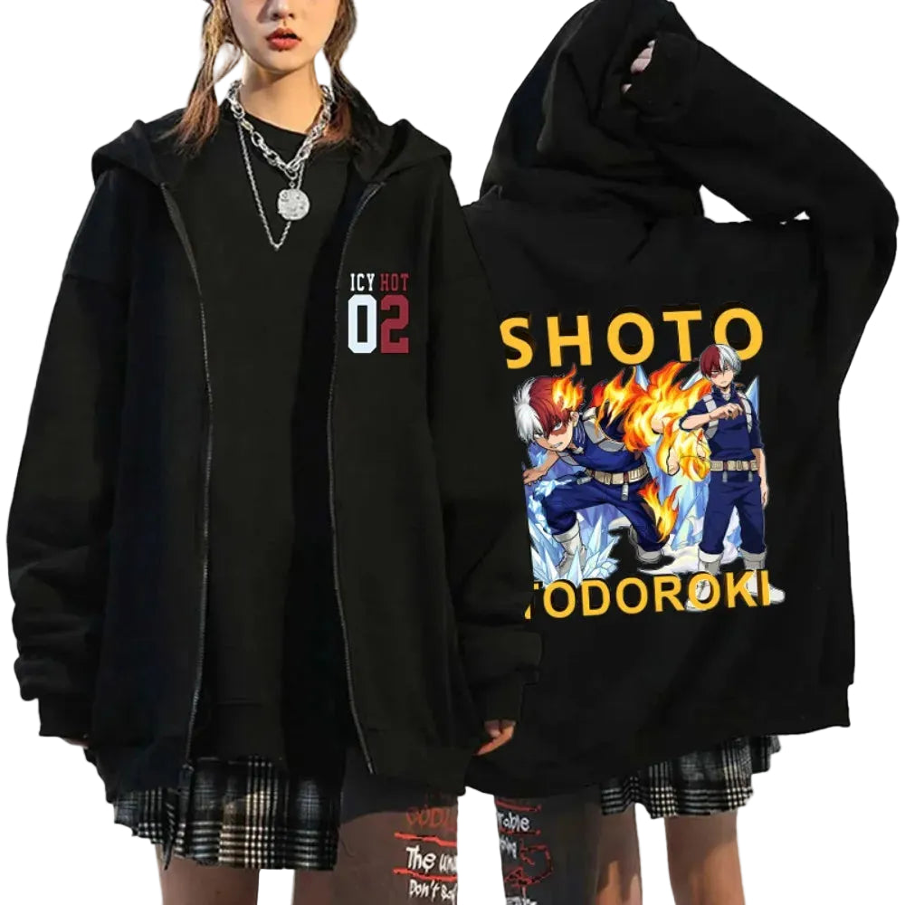 Anime Manga Zip Hoodie With Oversized Streetwear Flame Graphic Artwork