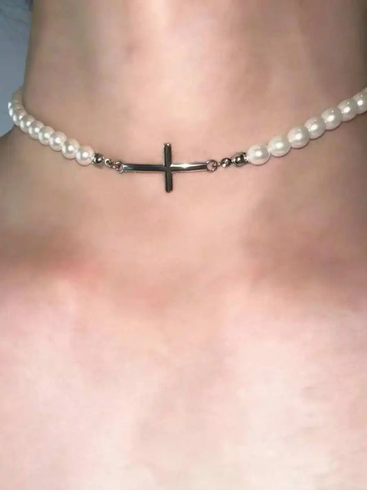 Layered Pearl Cross Choker Necklace for Gothic Dark Feminine Fashion