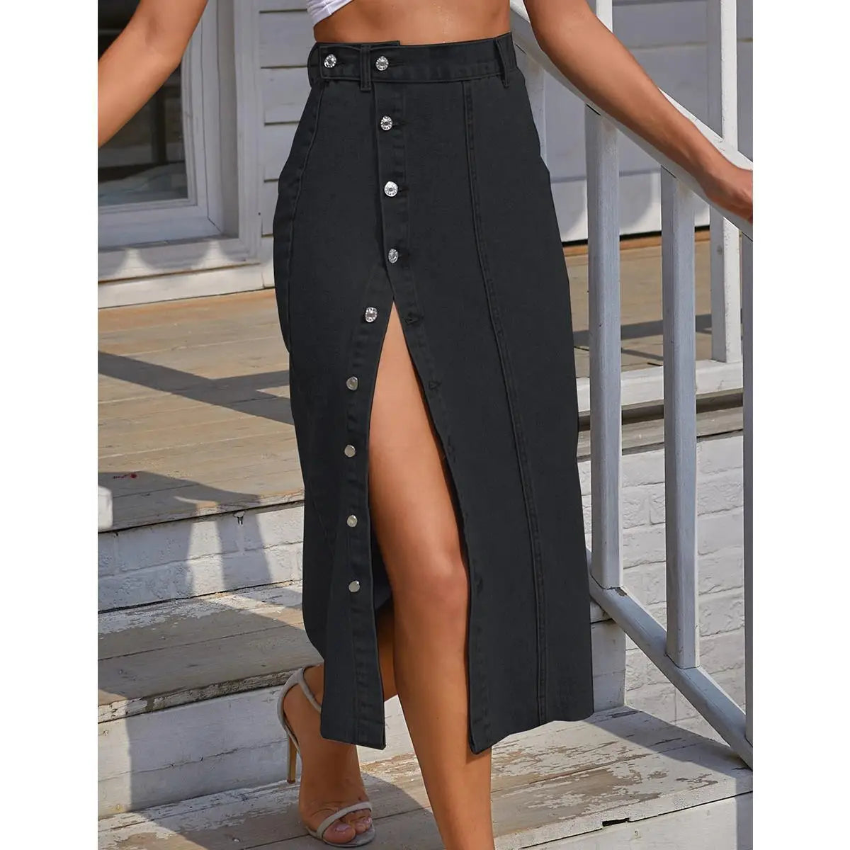 High Waist Asymmetrical Denim Maxi Skirt with Button Front Contemporary Streetwear Style