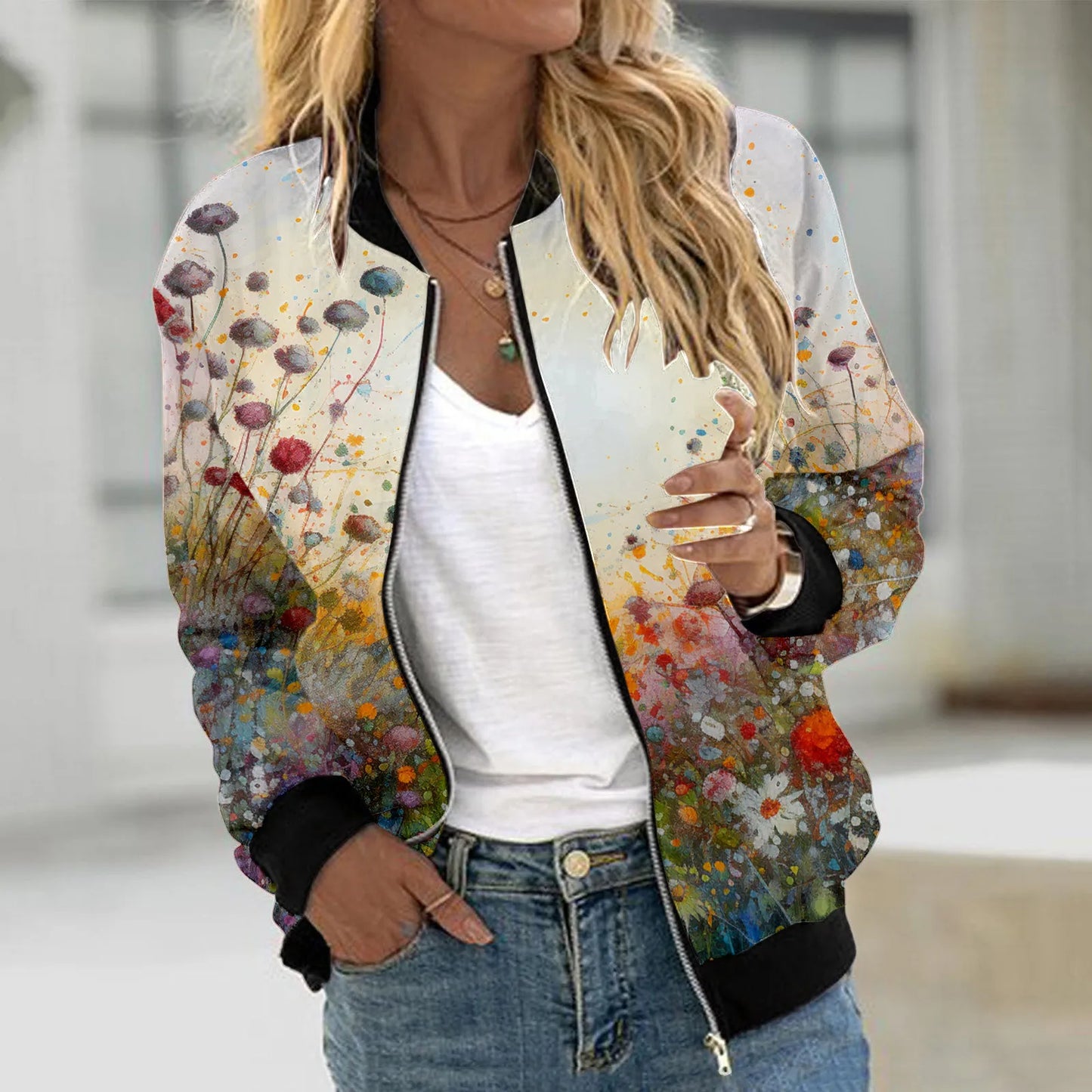 Printed Varsity Inspired Zip Front Streetwear Jacket with Relaxed Fit
