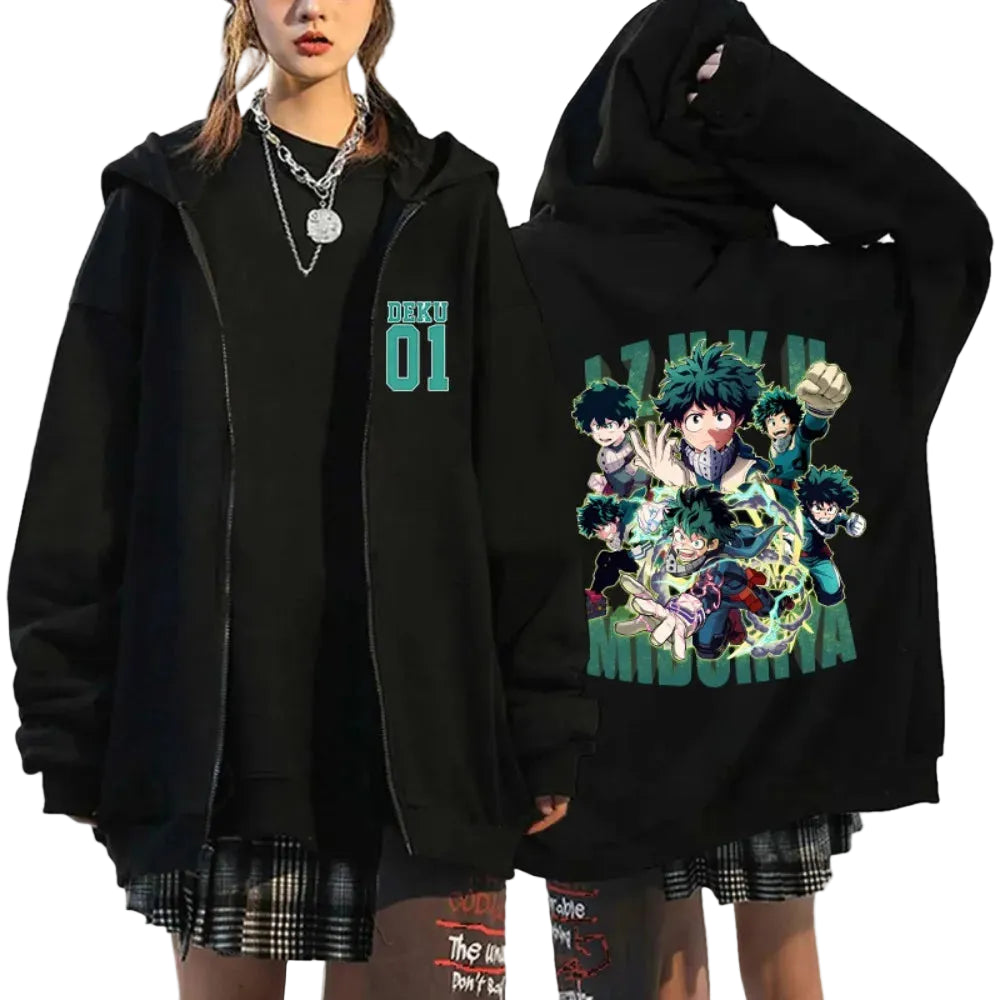 Anime Manga Graphic Zip Hoodie With Oversized Streetwear Character Artwork