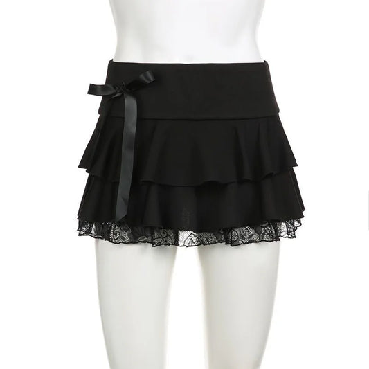 Tiered Lace Trim Bow Detail A-Line Gothic Inspired Mini Skirt