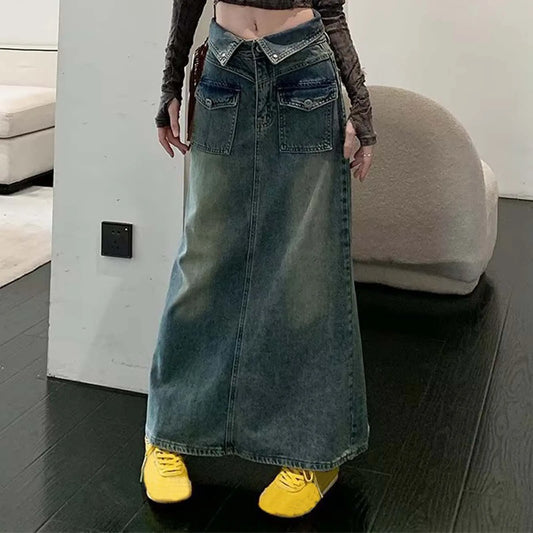 High Waist Straight Denim Maxi Skirt with Front Slit Contemporary Streetwear Style