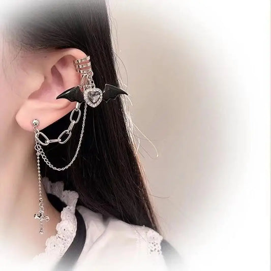 Gothic Winged Cross Chain Earrings with Heart Accent Statement Design